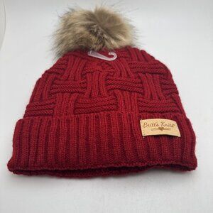 Britt's Knits Women's Unique Weave Plush Lined Knit Hat with Pom Red GR18